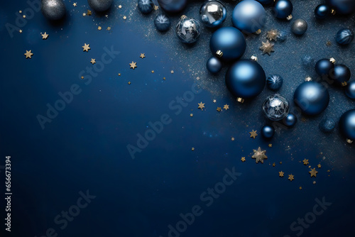 Dark blue Christmas decoration balls on a sea of glitter sand and ocean background. Merry christmas and happy new year greeting card with copy space for text.