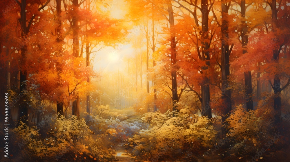 Beautiful autumn forest. Nature background. Panoramic image.
