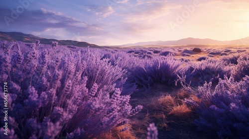 A field of blooming lavender swaying in the wind.