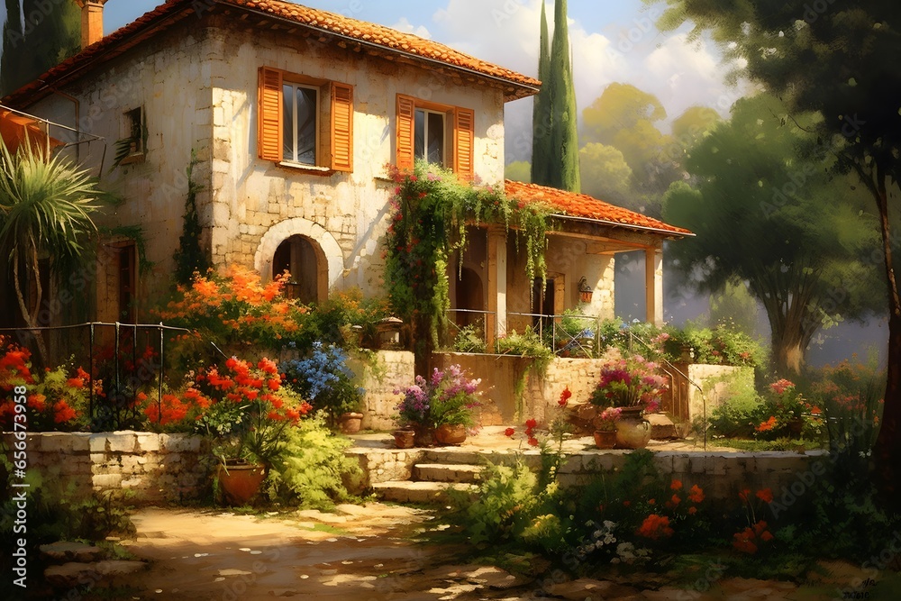 A panoramic shot of a house surrounded by flowers in the garden