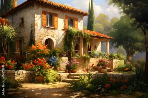A panoramic shot of a house surrounded by flowers in the garden