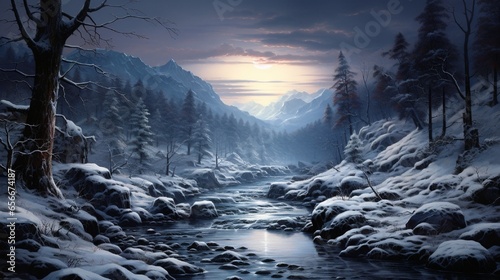 A river winding through a frosty winter landscape.