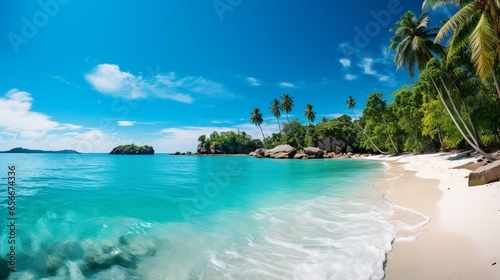 A secluded beach with turquoise water and pristine white sand.