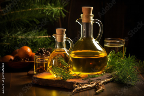 Glass bottle with spruce oil and fir branches standing on wooden table on black background. Natural extract aroma therapy