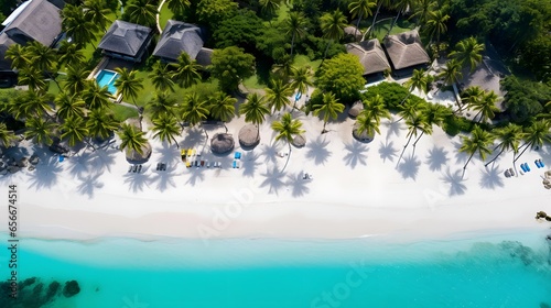 Aerial view of beautiful tropical island with white sand, turquoise water and palm trees