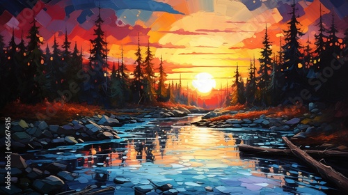 A vibrant sunrise over a misty forest, acrylic paint strokes capturing the blending colors.