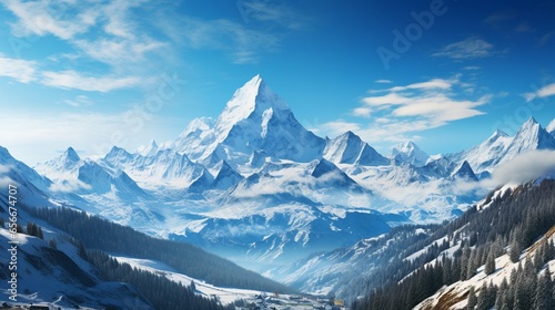 Snow-capped mountains set against a bright blue sky. © Creative artist1