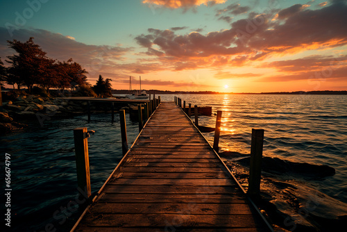 sunset at lake in the evening