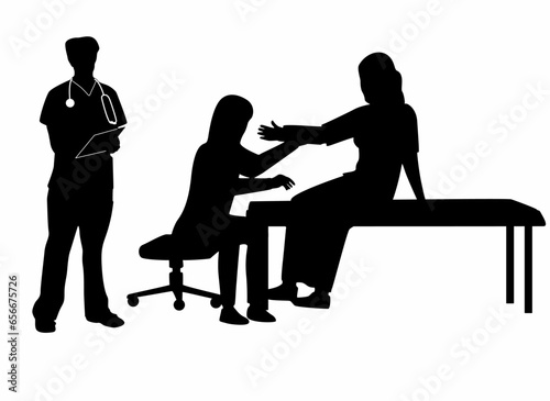 icon silhouette of a doctor examining a sick patient