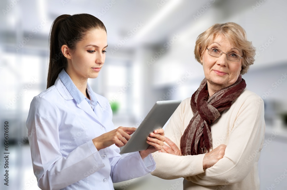 Telehealth concept, senior woman and doctor with tablet computer, AI generated image Telehealth concept, senior woman and doctor with tablet computer, AI generated image