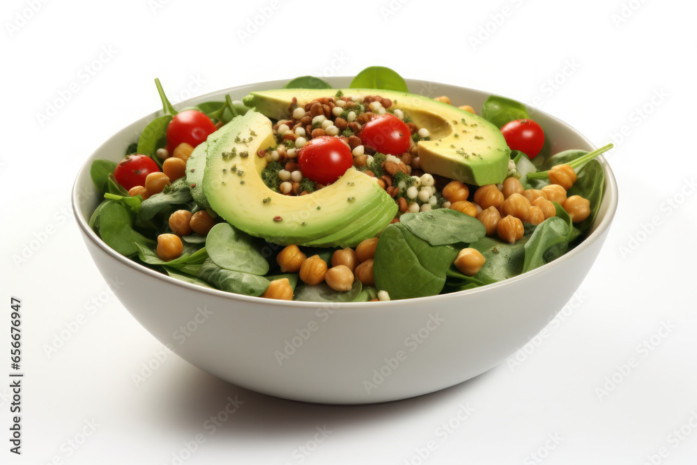 Savor the Flavor: A Tempting Bowl of Spinach Salad Featuring Chickpeas, Farro, Avocado, and Tomatoes, Exquisitely Isolated on a Clean White Background.. Savor the Flavor: A Tempting Bowl of Spinach Salad Featuring Chickpeas, Farro, Avocado, and Tomatoes, Exquisitely Isolated on a Clean White Background..