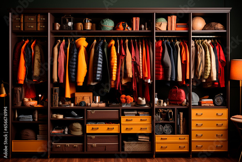 interior of modern wardrobe with clothes and accessories