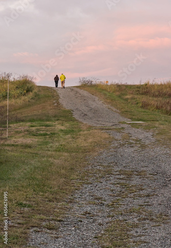 Wallpaper Mural older couple walking on a gravel path on a hill at dusk in a state park (elderly, people, not recognizable, nature, hiking, walk, recreation) photo from behind, in the distance Torontodigital.ca