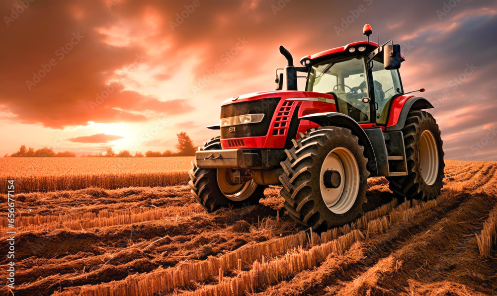 Fototapeta premium A threshing machine operating in a wheat field.