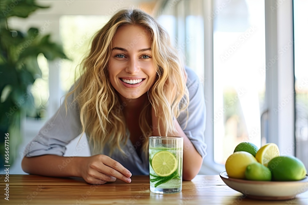 A healthy and happy young woman enjoys a glass of organic drink in the kitchen, radiating beauty and vitality, taking care of her health and well-being. A healthy and happy young woman enjoys a glass of organic drink in the kitchen, radiating beauty and vitality, taking care of her health and well-being.