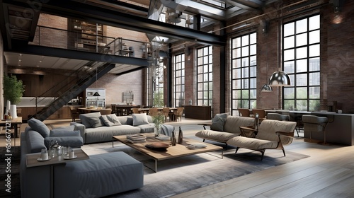 3d rendering of a modern living room in a loft style with large windows © Iman