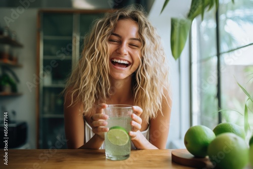 A happy and healthy young woman enjoys a refreshing glass of homemade lemonade in her kitchen, radiating freshness and vitality.