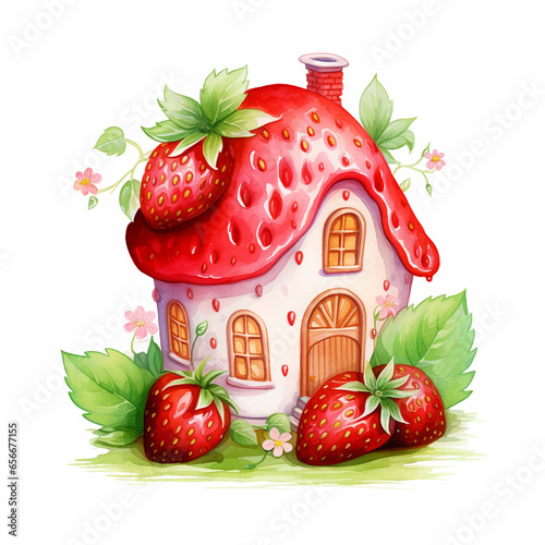 Cupcake strawberry house watercolor paint ilustration