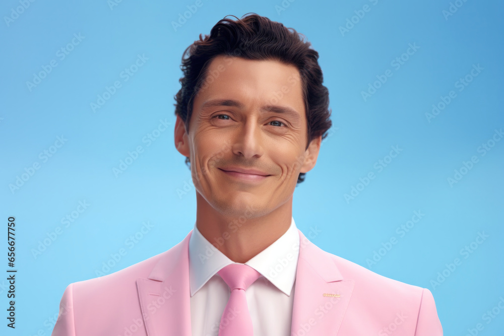 Charming Smile: A Fictional Portrait of an Elegant, Handsome Man in a Pink Suit, Set Against a Soft Pastel Blue Background. Charming Smile: A Fictional Portrait of an Elegant, Handsome Man in a Pink Suit, Set Against a Soft Pastel Blue Background.