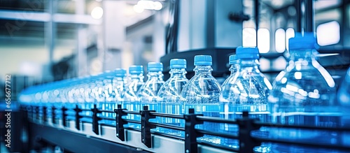Selective focus on a water bottling line for processing carbonated water into bottles with copyspace for text
