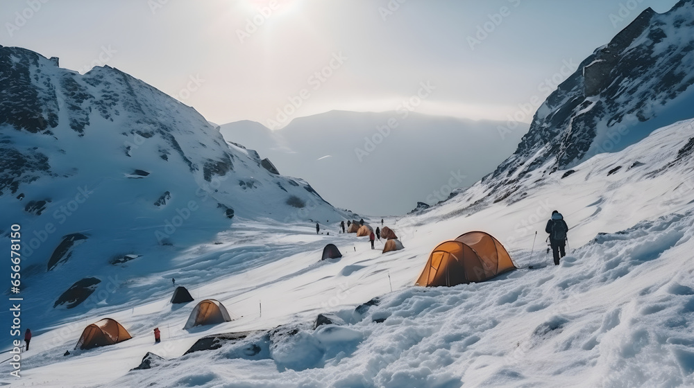 Group of mountain climber camp in the winter mountains. Tourists walking on the snow