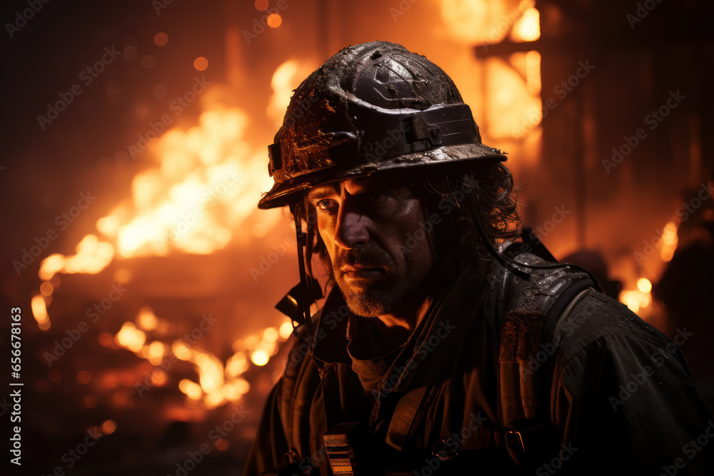 A firefighter risking their life to save others in a burning building, embodying the moral duty of first responders. Concept of bravery and sacrifice. Generative Ai. A firefighter risking their life to save others in a burning building, embodying the moral duty of first responders. Concept of bravery and sacrifice. Generative Ai.