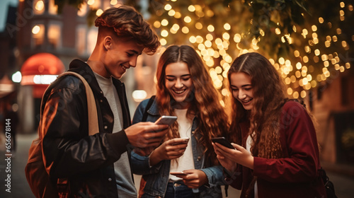 Young group of teenage student people using smart mobile phone outdoors