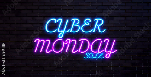 Cyber Monday concept banner in fashionable neon style  luminous signboard  nightly advertising of sales rebates of cyber Monday. Vector illustration for your projects. Editing text neon sign.