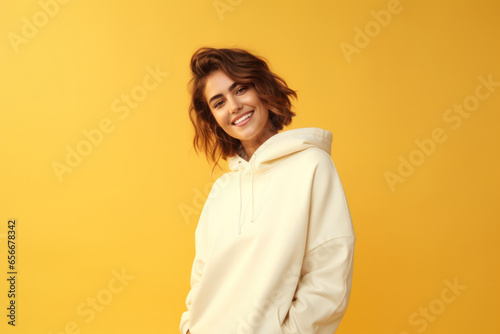 Overflowing with Happiness: A Model Exudes Pure Joy while Adorning a Large, Plain Oversized Sweatshirt, Isolated on a Bright and Sunny Yellow Background.