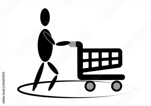 Icono de hacer la compra. Persona empujando un carro de la compra del super
