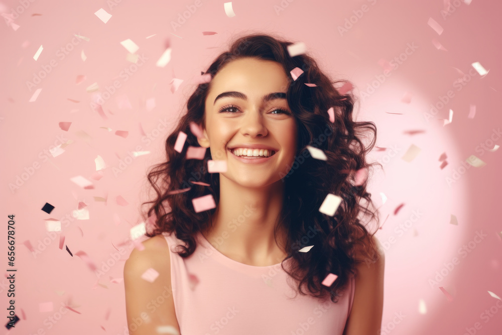 Pink Party Delight: Young Brunette Woman in Festive Dress Celebrating with Confetti on a Pastel Pink Background..