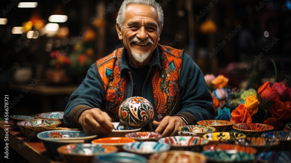 Art and Craftsmanship. Hispanic artisans and craftsmen with handmade creations, whether it's pottery, textiles, or artwork. - obrazy, fototapety, plakaty 