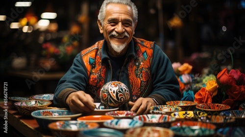 Art and Craftsmanship. Hispanic artisans and craftsmen with handmade creations, whether it's pottery, textiles, or artwork. photo