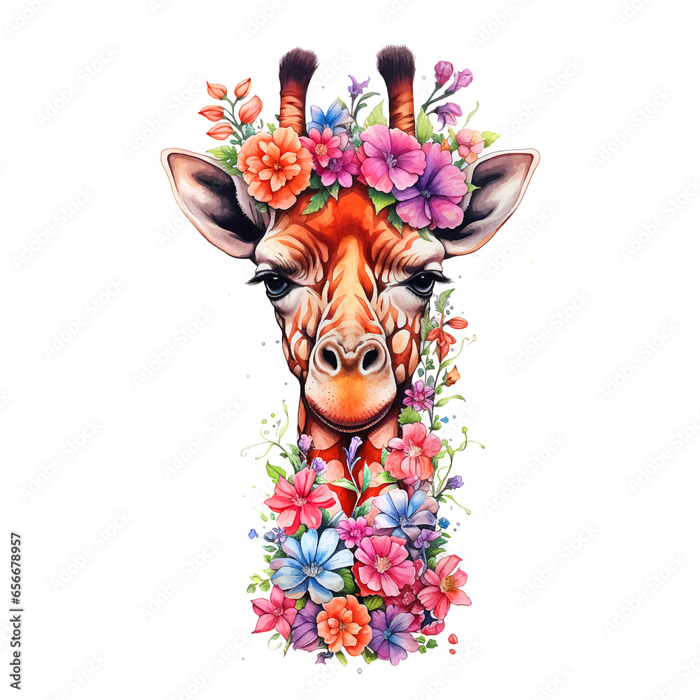 Giraffe head surrounded by flowers watercolor paint