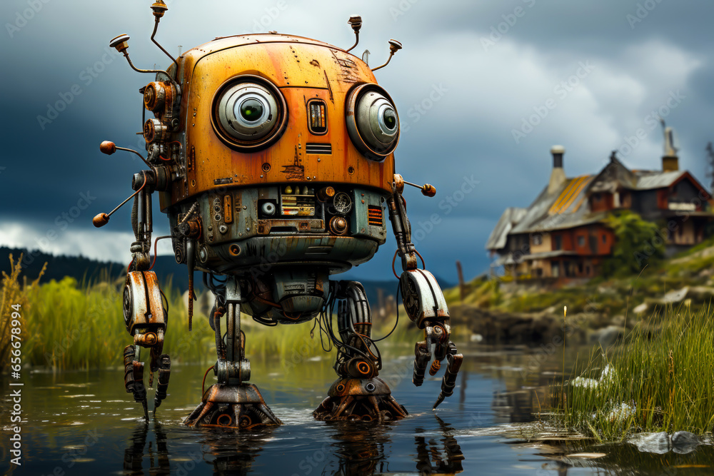 Fototapeta premium close-up of a homemade autonomous robot standing in a river