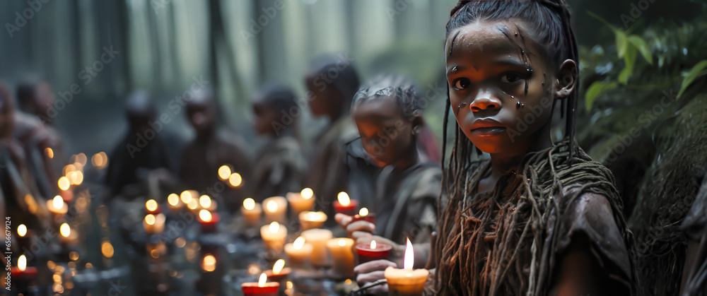 Fototapeta premium portrait of a girl from an almost extinct tribe, at a candlelight gathering in the forest, cinematic style scene