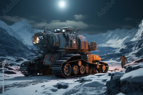 A rover exploring the surface of Jupiter's moon Europa, searching for signs of life beneath the icy crust. Concept of extraterrestrial life. Generative Ai.