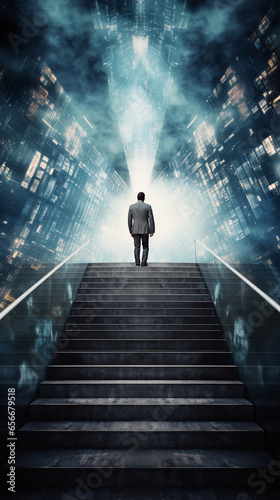 Ascending Ambition Businessman Merged with Stairs Embodying Journey to Corporate Triumph