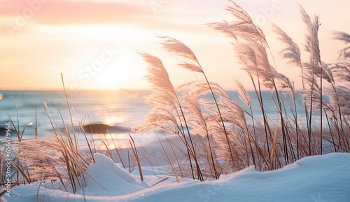 Foto Grasses in snowy dunes in the front of the serene and tranquil winter scene