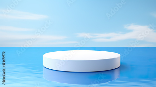 Empty round white oval platform, podium on blue water. composition background for beauty, cosmetics or products presentation, demonstration, copyspace for text
