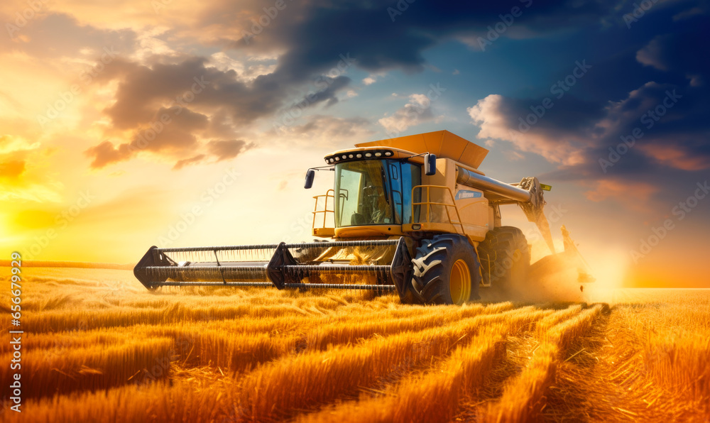Obraz premium A wheat field being harvested by a combine harvester.