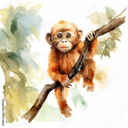 Monkey hanging on a tree branch watercolor paint 