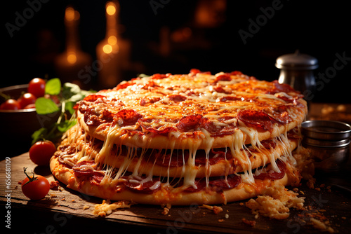 delicious homemade pizza with meat and vegetables on a wooden table.
