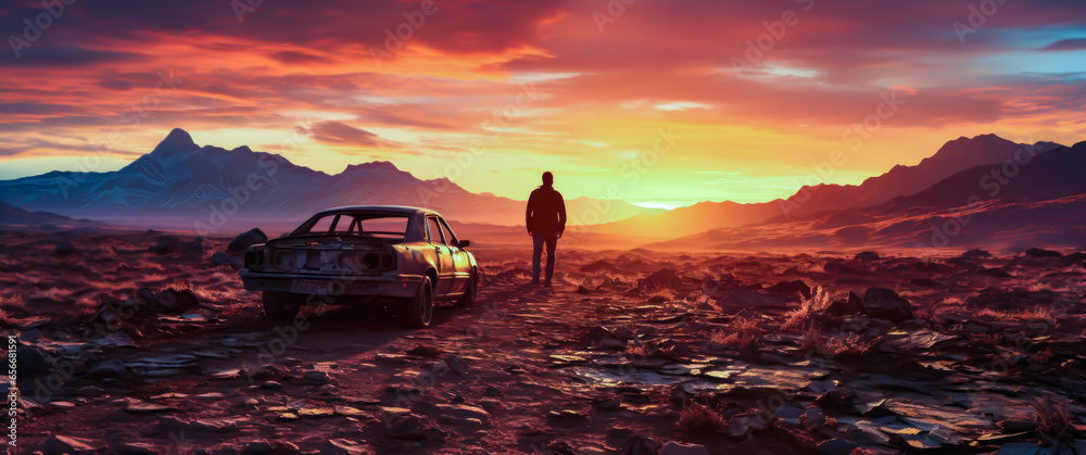 a man is standing next to an almost ramshackle car, looking at the horizon, sunset, cinematic style - obrazy, fototapety, plakaty 