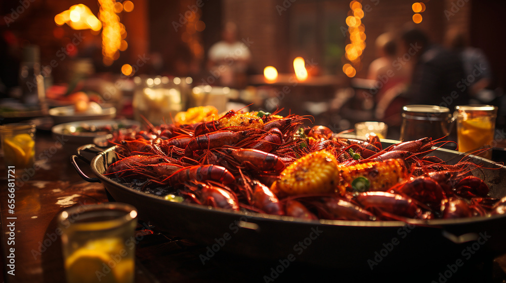Cajun Seafood Boil Restaurant: Flavorful Southern Dining. Generative AI. - obrazy, fototapety, plakaty 