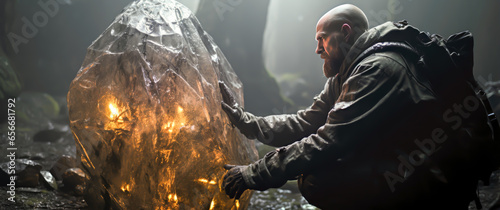 man finds a giant rock that looks like a diamond in the rough, cinematic scene style