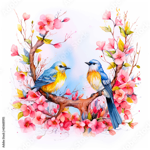 Birds on tree branches watercolor paint © Florin