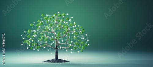 ESG concept symbolizes sustainability ethics and responsible business on a green Network background with a small tree with copyspace for text