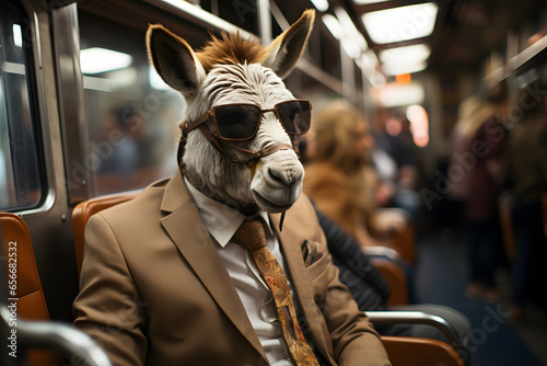 Donkey in elegant business suit with bag traveling in subway.