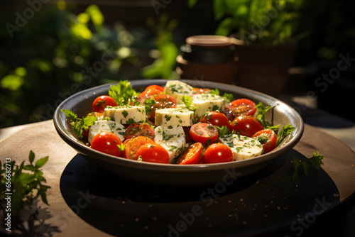 Fresh tomatoes salad with sliced cucumber and cheese in bowl at garden on summer day.